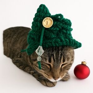 Handmade Christmas Tree Hat for Cats or Small Dogs Crochet Holiday Pet Costume